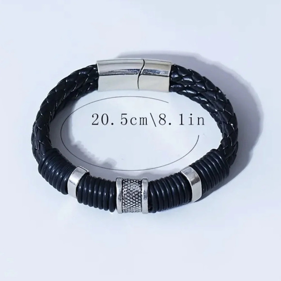 Black leather and metal design bracelet, 8.1" - Picture 4 of 5